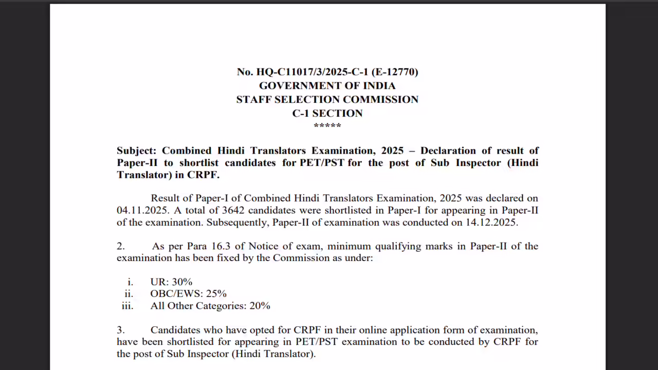SSC CHT Paper 2 results declared; direct link to download scorecards