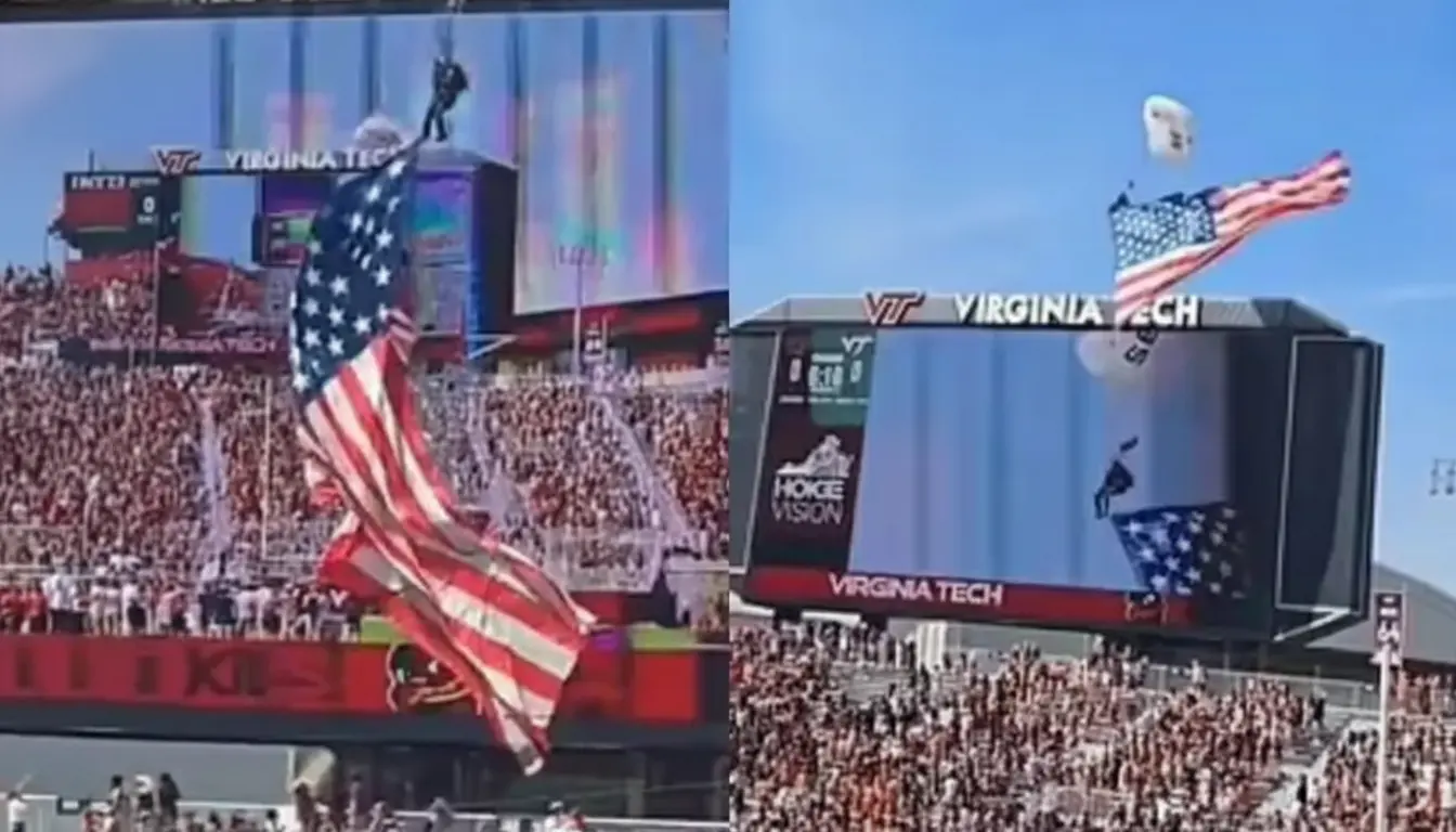 Terrifying moment as wind redirects skydiver toward Virginia Tech scoreboard
